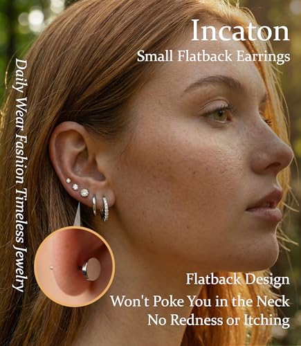 Incaton Hypoallergenic Flat Back Earrings for Women Silver 14K Gold Plated Surgical Stainless Steel Stud Earrings Cubic Zirconia Cartilage Studs Earrings For Multiple Piercing Sensitive Ears - color: F-Silver