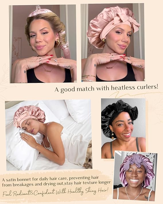 YANIBEST Adjustable Satin Bonnet for Sleeping Women Double Layer Hair Wrap Reduce Friction Prevent Frizz Natural Curly Hair - color: Black