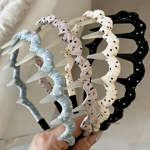 4 Pcs Polka Dot Headbands with Teeth for Women, Thin Non-Slip Comb Hairbands, Cute Wrapped Hard Head Bands, Toothed Hair Accessories for Washing Face & Daily Wear - color: Polka Dot