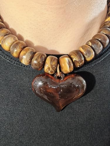 Chunky Colorful Beaded Statement Boho Summer Beach Chokers Necklace Heart Pendant Pink Green Yellow Brown Fashion Jewelry - color: brown3