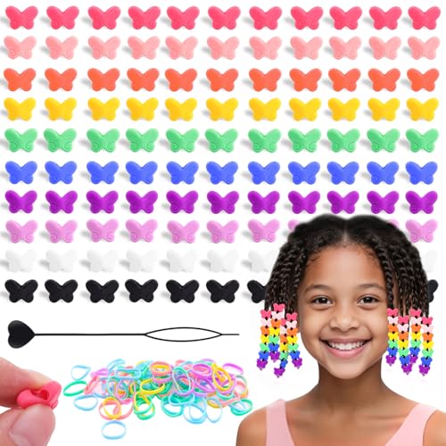 150Pcs Buttlefly Shaped Silicone Hair Beads for Braiding, 5mm hole Soft Pony Beads Bulk, Multi-color Hair Jewerly Accessories Kit with 60 Rubber Bands and 1 Beader for Braids,DIY Bracelets and Crafts - color: Butterfly-Multicolor-150pcs