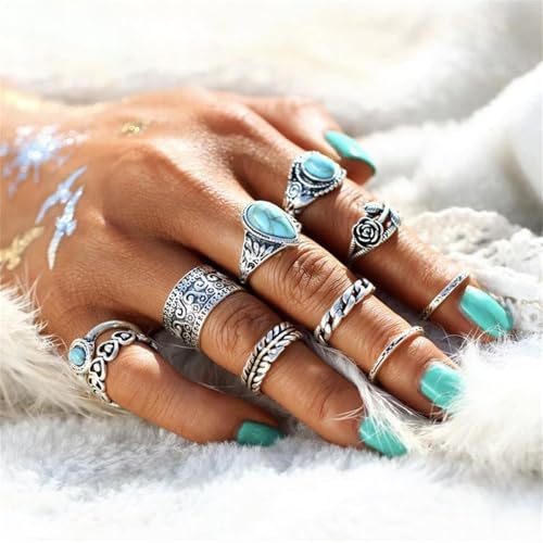 Bohemian Turquoise Ring Set for Women,Vintage Gem Turquoise Opal Joint Knuckle Stackable Rings Chunky Boho Midi Ring Pack Punk Western Ring Mixed Size - style: Style B