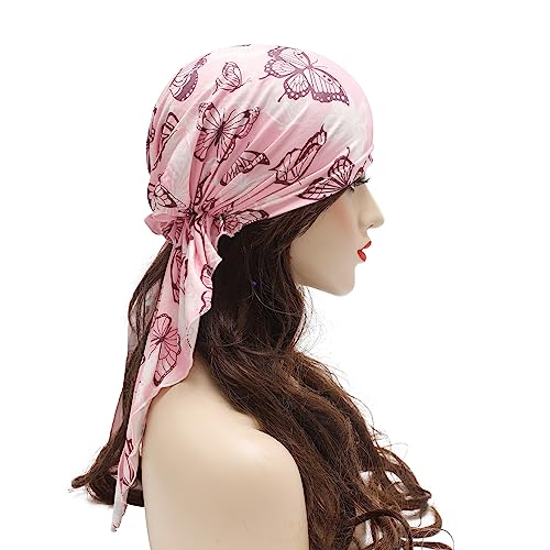 ZLYC Chemo Headwear Pre Tied Head Scarf Headwraps Lightweight Turban Beanie Cap for Women - color: Butterfly Pink