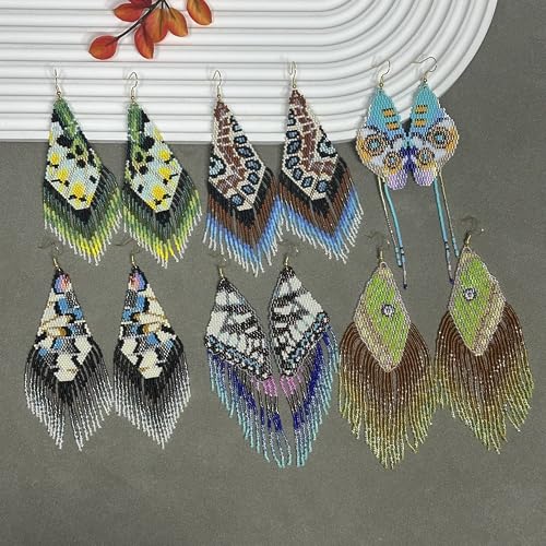 Handmade Seed Beaded Earrings, Lightweight Boho Fringe Dangle Earrings, Glass Bead Drop Jewelry for Everyday Wear & Party, Women Gifts - color: Budgie