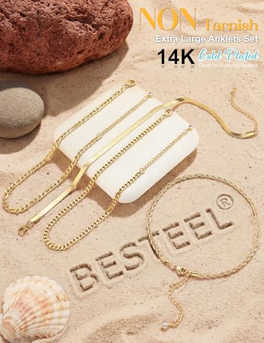 Besteel Ankle Bracelets for Women Waterproof - 14K Gold Plated Non Tarnish Layered Cuban Link Chain Rope Figaro Herringbone Anklets Set Plus Size Anklet Summer Foot Jewelry Gift Adjustable 8-12 Inch - style: 4 Pcs Gold Cuban-10+2 Inch