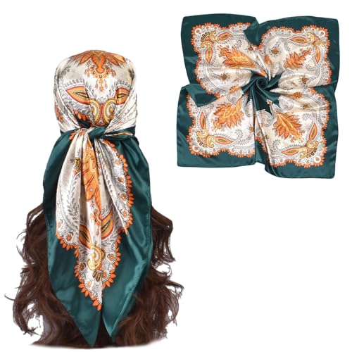 35 x 35 Women's Fashion Pattern Large Square Silk Like Hair Scarf Head Sleeping Wrap Satin Neck Bandana for Gift… - color: Garland Cashew Nuts-green