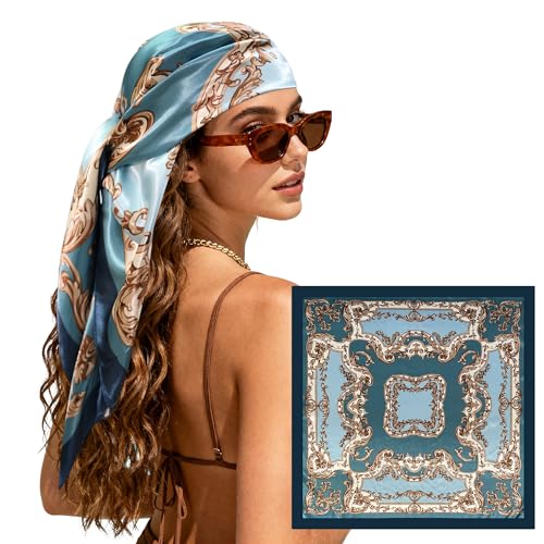 Large Square Head Scarf Bandana - 35" Satin Hair Scarf for Women Like Silk Scarf Fashion Hair Wrapping - color: Baroque Scroll(blue), size: 35IN*35IN