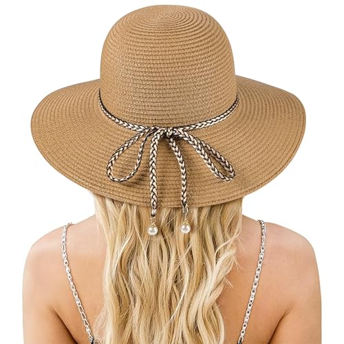 Sun Hats for Women, Straw Hats UPF 50+ Sun Protection, Wide Brim Womens Beach Hat for Summer Travel - color: Khaki-vn