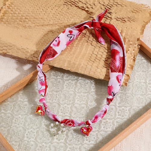 Scarf Long Fabric Colorful Silk Scarves Multi Pendant Necklace For Women Statement Boho Choker Twisted Ribbon Band Pearl Accent Heart Maple Leaf Bee Daisy Dragonfly Star Green Gem Charms - color: Red Heart