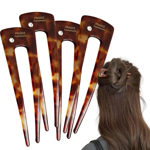 French Hair Clips 4-Pack Assorted Styles, U-Shaped Textured Hair Pins for Women with Black, Tortoiseshell, Leopard & Smoky, for Ponytail Bun Updo (Tortoiseshell) - color: Tortoiseshell