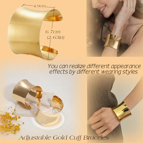 BROCC 2Pcs Gold Chunky Cuff Bracelets Set for Women Open Wide Bangle Bracelets Irregular Minimalist Statement Bangle Bracelets Punk Jewelry