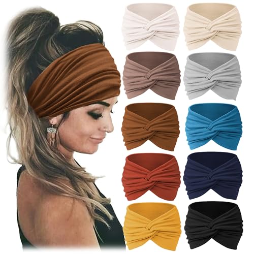 Jesries 10 PCS Women Headbands African Wide Hair Wrap Extra Turban Head Bands for Lady Large Sport Workout Stretch Non-slip Big Hair Bands - color: Khaki