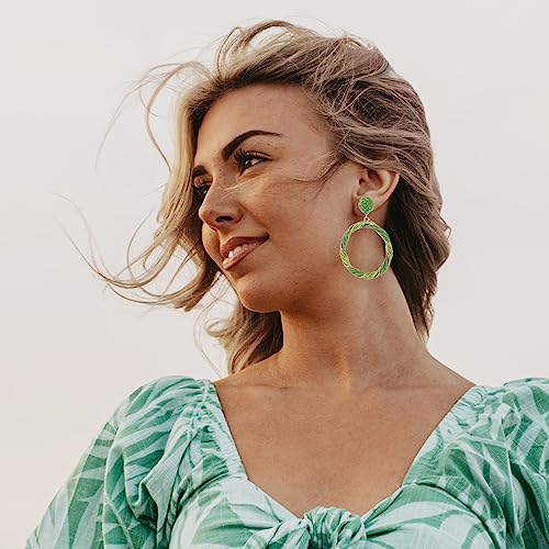 Boho Raffia Hoop Dangle Earrings Twisted - Statement Rattan Round Geometric Earrings For Summer Beach Vacation - color: GREEN