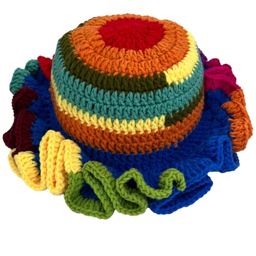 Handmade Crochet Bucket Hat for Women Boho Chic Slouchy Design Colorblock Ruffled Brim Festival&Daily Crochet Hat - color: Red Top Contrasting