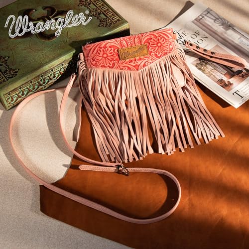 Wrangler Crossbody Small Purse for Women Wristlet Fringe Bag Western Purse - color: Angel Peach