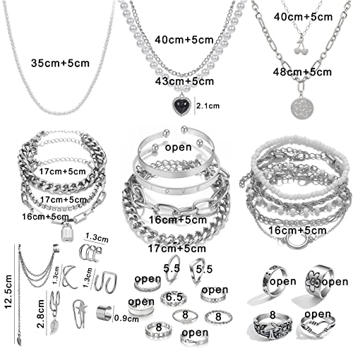 IFKM 36 PCS Silver Plated Jewelry Set with 3 PCS Necklace, 12 PCS Bracelet, 7 PCS Ear Cuffs Earring, 14 Pcs Knuckle Rings for Women Valentine Anniversary Birthday Friendship Gift - color: 36 Pcs Silver