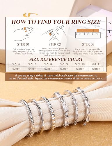 FIBO STEEL Gold Rings for Women Non Tarnish Dainty Stackable Ring Set Hypoallergenic Cubic Zirconia Wedding Band Promise Bands for Her Women's Jewelry Size 5-10 - color: White Gold Plated