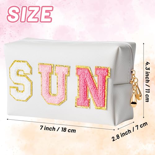 Preppy Patch Sun Cosmetic Bag Summer Sunscreen PU Leather Toiletry Makeup Bag Portable Waterproof Makeup Pouch Travel Beach Pouch Daily Use Zipper Purse for Women Girls Birthday Gifts - color: White, style: Sun