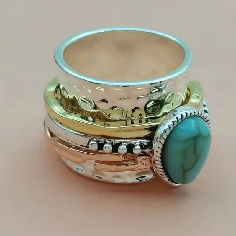 LRGKMCWTOB Vintage Sterling Silver Turquoise Ring for Women, Bohemian Style Handmade Dainty Ethnic Healing Stone Ring, Tribal Totem Cut Natural Turquoise Bridal Statement Ring Gift Size 7 - size: Size 7