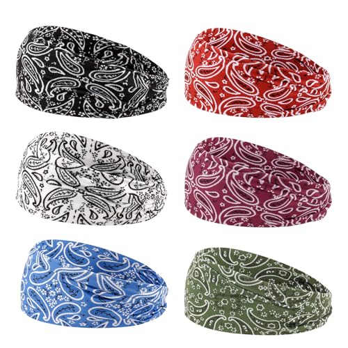 YARIEW 6Pcs Headbands Paisley Bandanas Head Bands Sweat Band Hair Wrap Headwrap Fashion Boho Wide Thick Workout Yoga Elastic Headbands Mens Cooling Running Sports Headband Sweatbands for Women and Men - color: Multi-colored-3