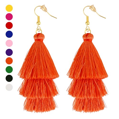 Earrings for Women Dangling, Layered Tassel Earrings Fringe Earrings Bohemian Studs Drop Earrings - color: Orange