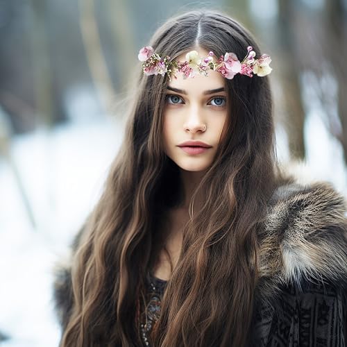 Vivivalue Boho Flower Crown Adjustable Flower Headband Hair Wreath Floral Headpiece Halo with Ribbon Wedding Party Festival Photos Pink - color: 2