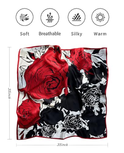 Hioyiwse Head Scarf For Women Hair Bandana 35" Large Square Satin Wrap Sleeping Neck Silk Satin Hair Scarves Lightweight - color: F26-big Red Rose(35*35inch）