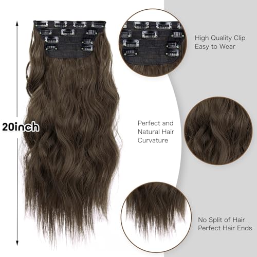 Double Weft Synthetic Hair Extension 4PCS Thick Hairpieces Clip in Long Wavy Hair Extensions Chestnut Brown 20 Inch (4pcs, 20Inch, 8/10#) - color: 8/10-Chestnut Brown