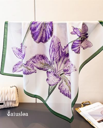 Saiusloa Neck Scarf For Womens Silky Head Scarves Hair Bandanas Square Scarf Fashion Accessories lightweight - color: 38-purple Irises With Green Edges