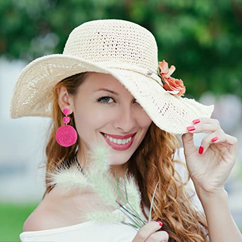 Boho Raffia Ball Earrings for Women, Handmade Statement Drop Earrings Straw Dangle Earrings Beach Vacation Jewelry - color: Hot Pink