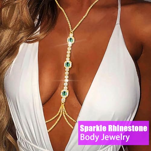 Bounzhi Rhinestone Crossover Body Chain Bra Shiny Crystal Chest Harness Bikini Body Jewelry - style: GreenRhinestone-Gold