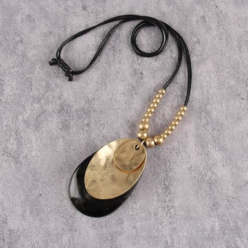 GelConnie Long Necklaces for Women Boho Large Pendant Necklace Casual Bohemian Brown Leather Choker Sweater Circle Statement Stone Necklace - style: Black Teardrop Necklace
