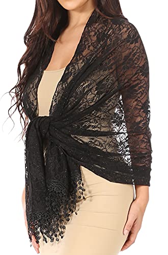 Sakkas Mari Women's Large Lightweight Soft Lace Scarf Wrap Shawl Floral and Fringe - color: Black Lace