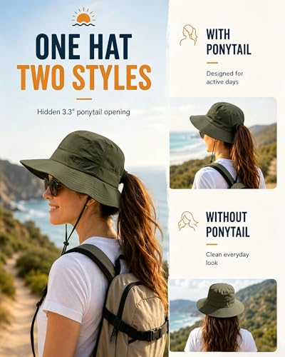 Womens Ponytail Sun Hat Packable UPF50+ Waterproof Bucket Hat Hiking Fishing Safari Hat Foldable Beach Hat - color: Army Green