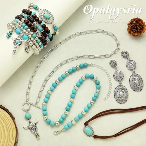 3 Pcs Layered Western Jewelry Set for Women Boho Turquoise Beaded OX-Head Necklaces Western Cactus Cowboy Chic Earrings Rustic Cowgirl Stack Bracelets Country Concert Outfits Accessory - color: Silver Concho OX-Head