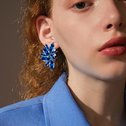 Bohemian Statement Sparkly Colourful Fancy Rhinestone Crystal Flower Dangle Drop Stud Earrings Vintage Wedding Bridal Prom Earrings for Women - color: Navy
