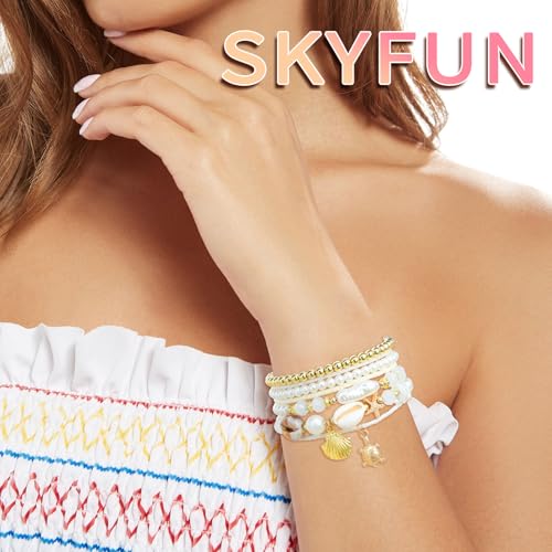 Beach Bracelets for Women Bohemian Stackable Heishi Surfer Bracelet Set Elastic Seashell Starfish Boho Friendship Bracelets for Summer Beach Party Holiday Vacation Jewelry - color: 7PCS-Gold Starfish/Turtle/Seashell