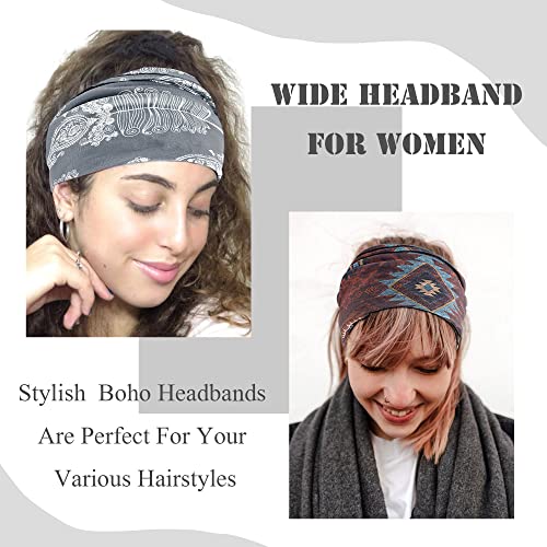 FULZTEY Boho Headbands for Women Vintage Elastic Fabric Printed Hair Bands Workout Wide Knot Sweatbands Soft Cotton Headwraps Yoga Running Hair Accessories for Women Girls 4Pcs - color: Style 4