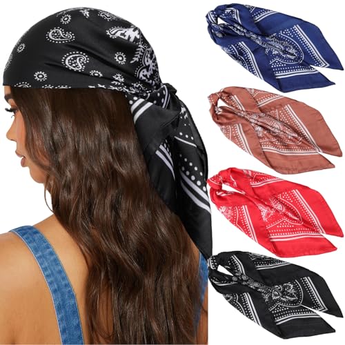 AWAYTR 27.5” Silk Satin Square Head Scarf - 4PCS Satin Head Scarves for Women Hair Kerchief Bandanas Sleeping Head Wraps - color: Paisley(black/Red/Blue/Camel)
