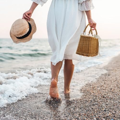 Pumtus Handwoven Rattan Handbag, Wicker Rectangle Basket Purse with White Ribbon, Summer Beach Top Handle Clutch, Boho Style Woven Purse, Rustic Flower Basket for Women, Travel, Vacation, Wedding