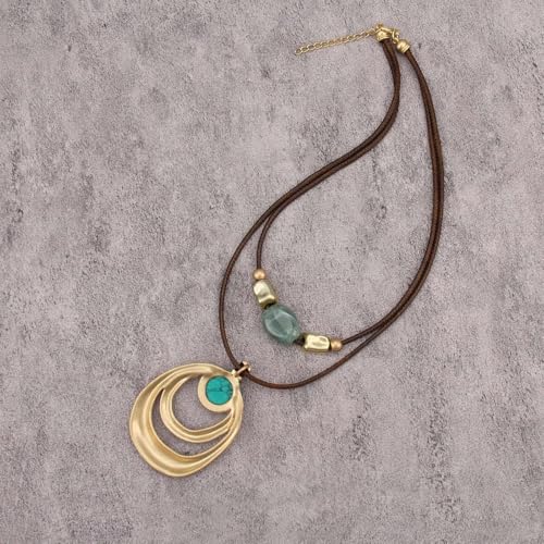 Boho Necklace for Women Adjustable Silicone Rope with Gold Beaded Pendant Chunky Handmade Vintage Jewelry - style: Blue Turquoise Necklace