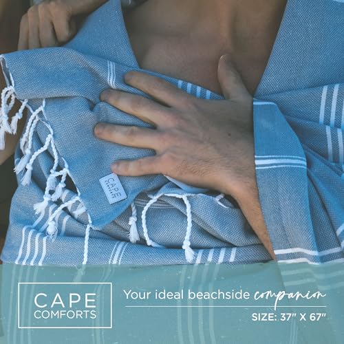 Cape Comforts Oversized Turkish Beach Towel, Striped Pale Yellow & Powder Blue - 37'' x 67'' - Super Soft & Lightweight - Quick Dry Sand Free Travel Towels for Beach or Bath - Gifts