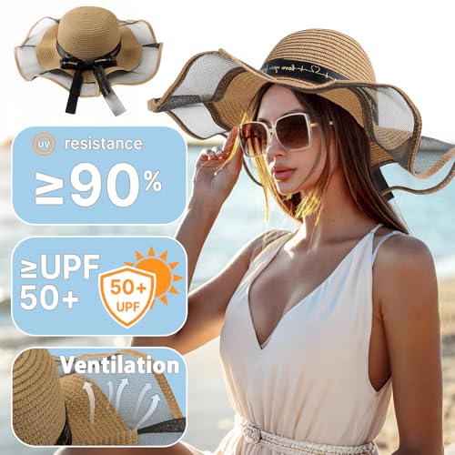 Beach Hats for Women, Wide Brim Sun Straw Hat for Women, Sun Hat UPF 50+ UV Protection - color: Khaki Brown Mesh