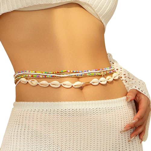 Summer Beach Coloful Beads Waist Chain Jewelry Sets Multi-layered Beaded Belly Chain Sexy Bikini Sexy Shell Waist Body Chain Beads Body Accessories for Wome - style: Green