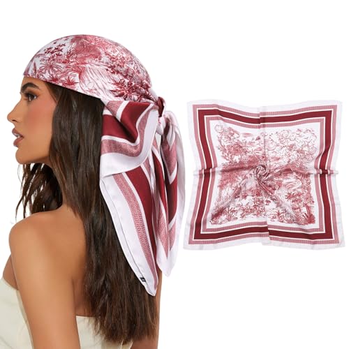 AWAYTR 27.5” Square Satin Head Scarf Hair Scarf for Women's Hair Silk Bandana for Women Silk Head Wrap for Sleeping - color: Landscape Painting (Red)
