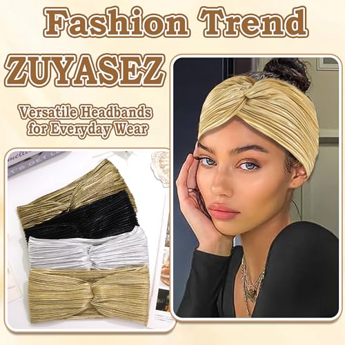 4 Pcs Boho Gold Headbands for Women Short Twist Hair Bands Wrinkle Metallic Turban Head Bands Christmas Non Slip Workout Yoga Women's Hair Wraps Accessories