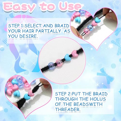 60PCS Hair Beads for Braids Pink Blue Heart Shape Loc Bead Jewelry AB Color Round Dreadlock Beads Hair Accessories - color: Blue&Pink