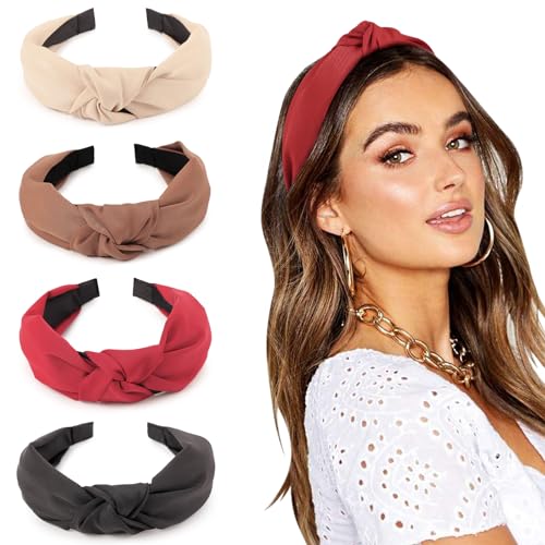 DRESHOW Women's Headbands, 4 Pcs Knotted Non Slip Fashion Hairbands for Girls, Solid Boho Wide Top Knot Hair Hoops Hair Accessories - color: 4 Pcs: Burgundy, Coffee, Beige, Black