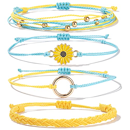 FANCY SHINY Easter Gifts Basket Stuffers Sunflower String Bracelet Boho Braided Rope Wrap Bracelets Cute Summer Beach Surfer Jewelry for Women - color: Yellow