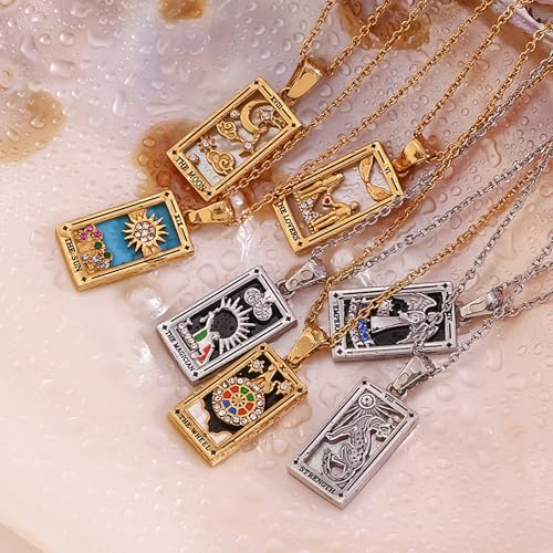 ORIGENCE 18k Gold Plated Tarot Cards Pendant Necklace - Vintage Colorful Charm Necklace Lucky Talisman Hypoallergenic for Women and Men Gift - style: The Moon-New